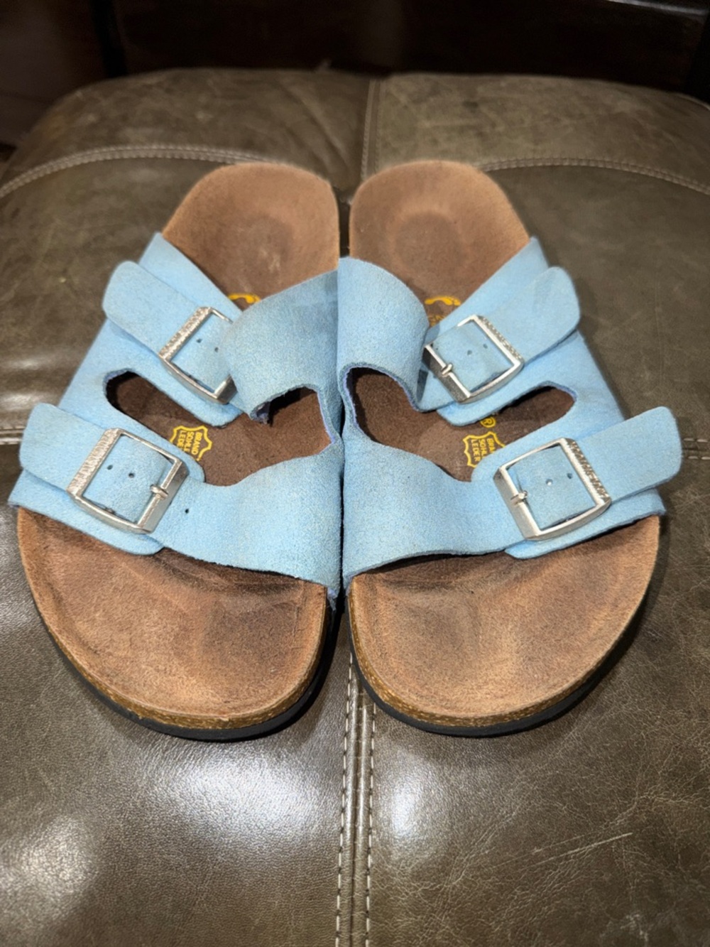 Birkenstock Light Blue Suede Double-Buckle Slide Sandals